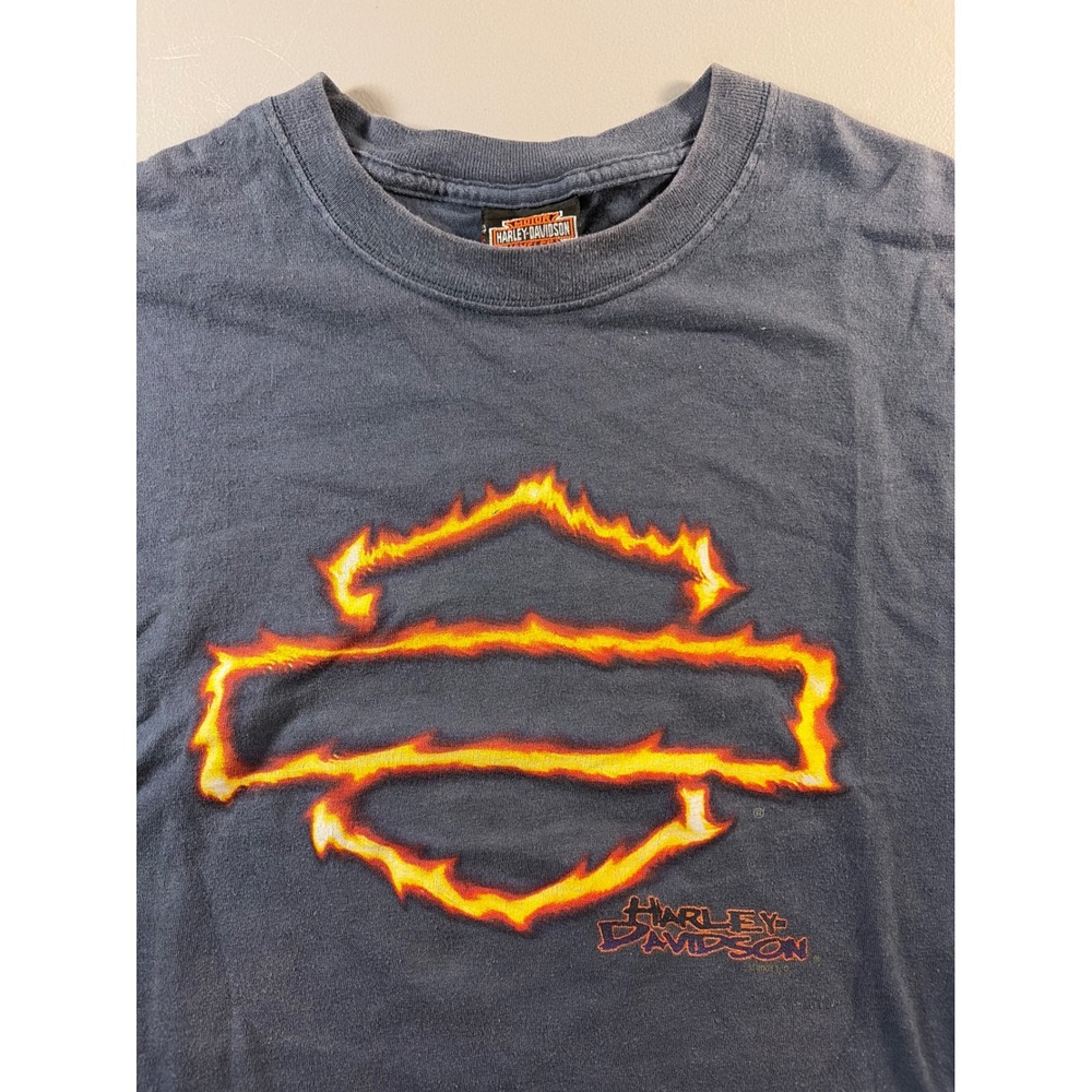 Harley Davidson T-Shirt Mens XL Blue Flaming Logo Cycle Connection Joplin MO Cot